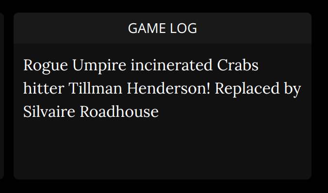 A screenshot of the Blaseball game log showing Tillman Henderson's incineration and replacement with Silvaire Roadhouse.